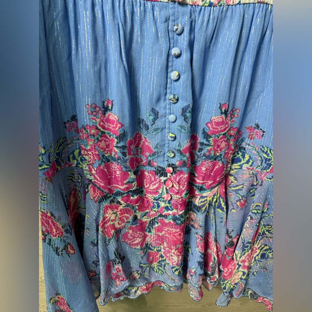 NWT Hemant & Nandita Mila Floral Metallic Stripe Dress Stone Blue L Valentines - Picture 11 of 16